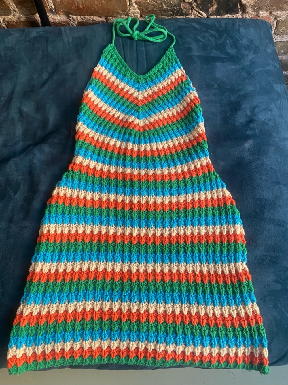 Striped Knitted Dress Green Blue Orange Cream XS Cottagecore Open Back Stretch